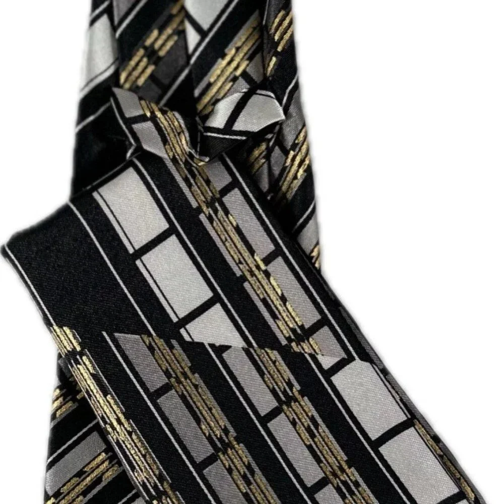Karl Knox Boy's Clip-on Tie Hanky Black Gold White Plaids Polyester 10